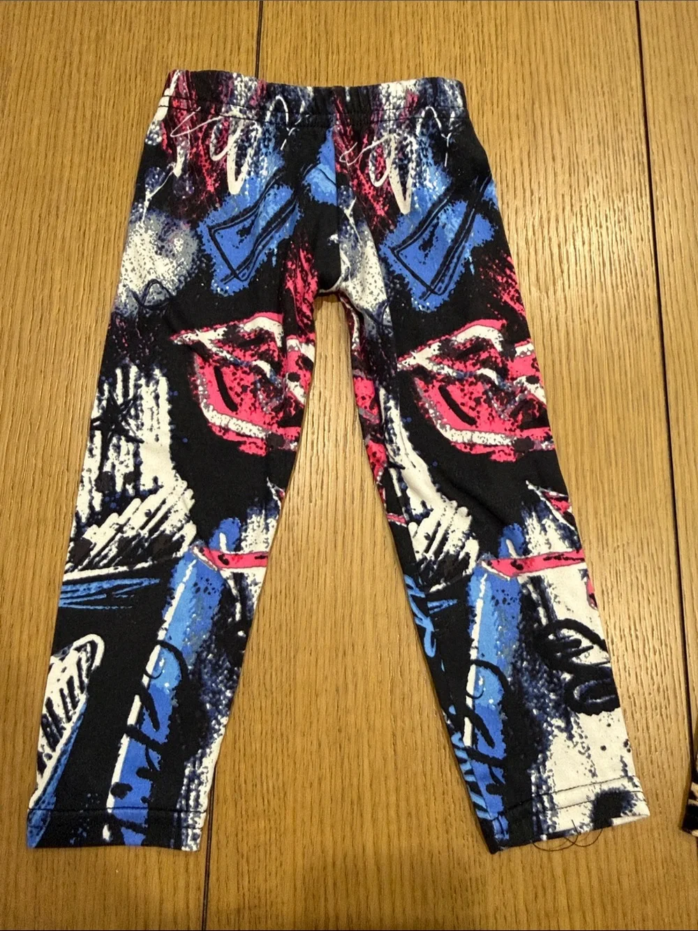 Girls' Black Leggings with Blue and Pink Abstract Print